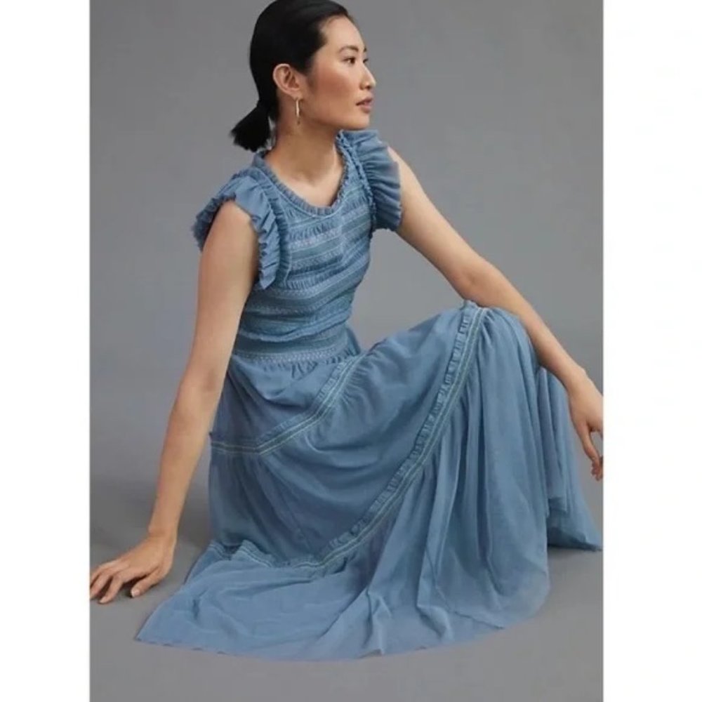 Anthropologie Smocked Ruffle Tiered Tulle Midi Blue Dress